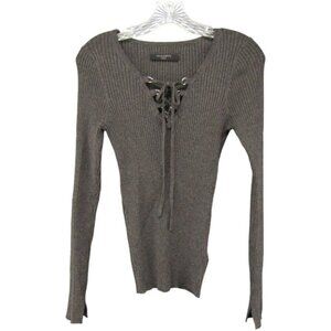 Allsaints Tamsin Jumper Top Gray Lace Up Rib Knit Size L Stretch Long Sleeve